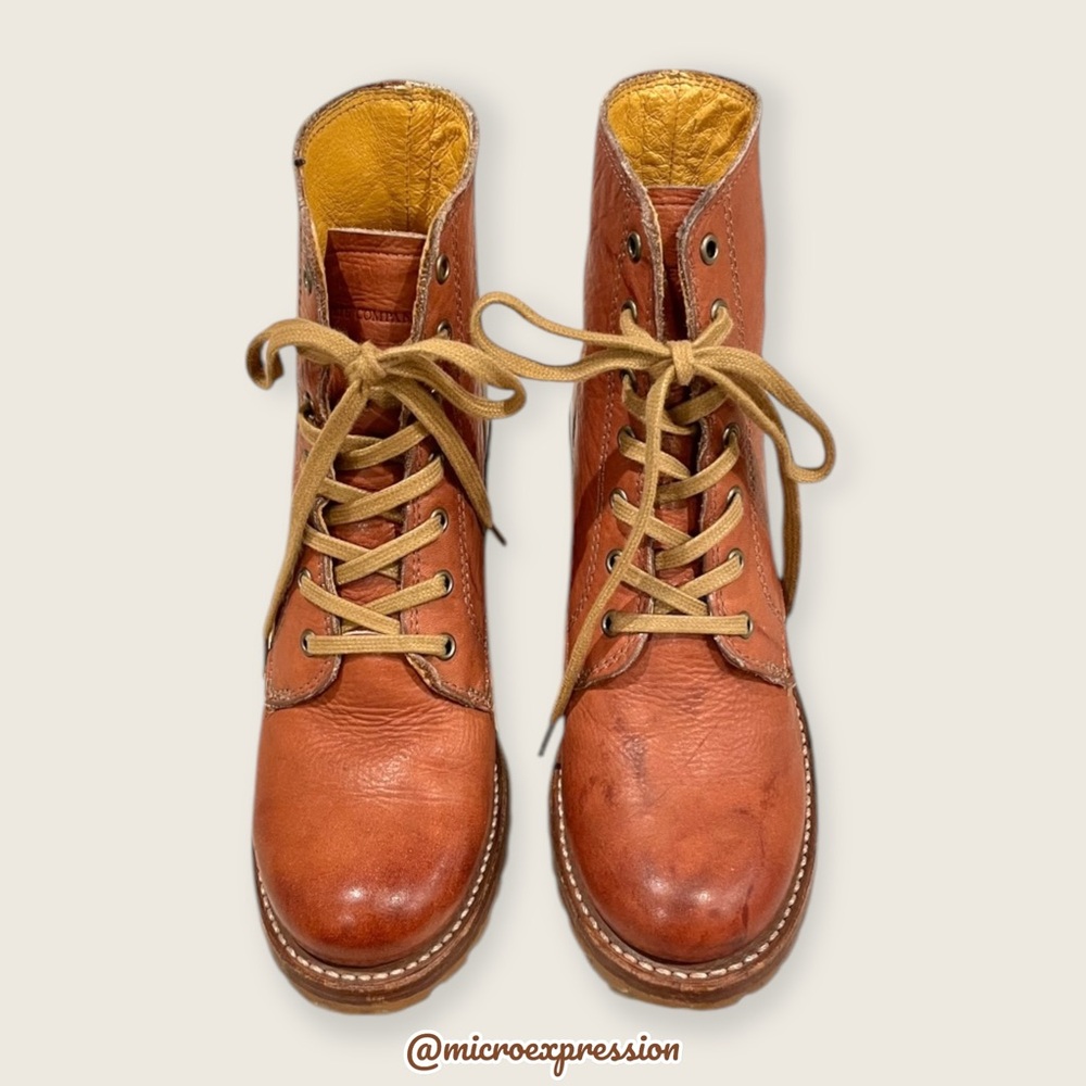 RARE Frye Sabrina 6G Lace Up Genuine Cognac Leather Classic Combat Ankle Boots - Picture 10 of 16